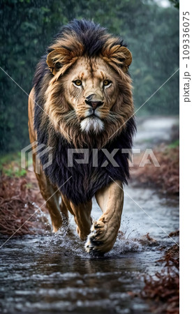King of the jungle Lion with magnificent look and intimidating and ready to attack 109336075