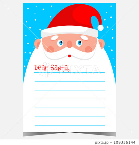 Christmas letter to Santa Claus with cartoon character in the background. Blank template for wish list, greeting postcard or mail to write a message to Santa during the winter holidays celebration. 109336144