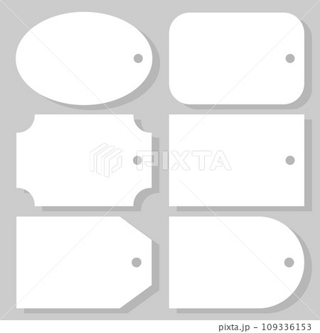 Blank paper tag, label, tally or tab of different forms with a hole to tie it up and leave note, mark or message for gift box. Templates of empty white stickers or badges for discount information. 109336153