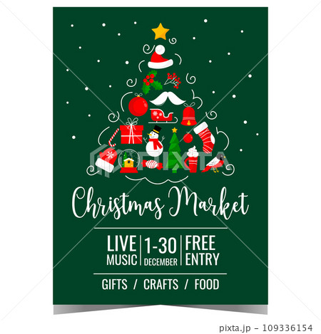 Christmas market banner with holiday decorations in the shape of a Christmas tree. Christmas fair invitation to celebrate together with family and to feel the festive spirit and miracle of Christmas. 109336154
