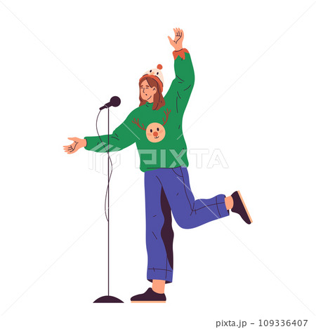 Happy new year or merry Christmas song performance vector image. Sign of girl performing winter holiday song. Flat clipart for wintertime night festive celebration or artist performance. Xmas night 109336407