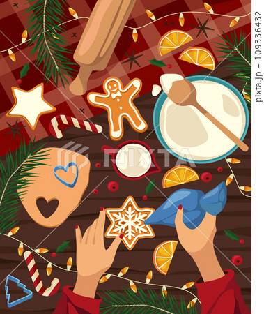 Christmas or New Year cooking vector image. Woman hands icing cookie and gingerbread. Xmas kitchen preparation. Bakery and pastry decoration. Handmade dessert with glaze. Winter holiday and festival Christmas or New Year cooking vector image. Woman hands icing cookie and gingerbread. Xmas kitchen preparation. Bakery and pastry decoration. Handmade dessert with glaze. Winter holiday and festival 109336432