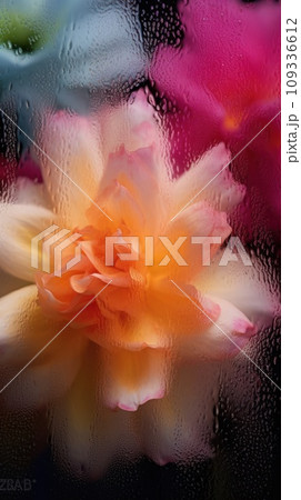 Background of blooming flowers in front of glass with water drops Stock Photo 109336612