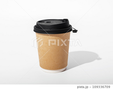 Take-away paper cup mockup, coffee mug mock-up. Take-away brown drink container Take-away paper cup mockup, coffee mug mock-up. Take-away brown drink container 109336709
