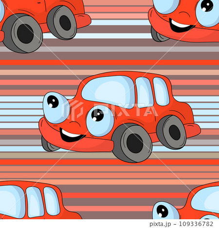 Seamless pattern with cute car on color background. Cartoot transport. Vector illustration. Doodle style. Design for baby print, invitation, poster, card, fabric, textile 109336782