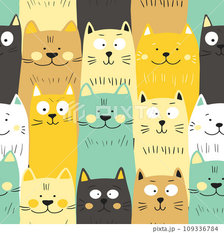 Seamless pattern with cute kitten print. Different scandy cats on color background. Scandinavian style illustration for kids. Vector illustration for fabric, textile, wallpaper, home clothing, pajama Seamless pattern with cute kitten print. Different scandy cats on color background. Scandinavian style illustration for kids. Vector illustration for fabric, textile, wallpaper, home clothing, pajama 109336784