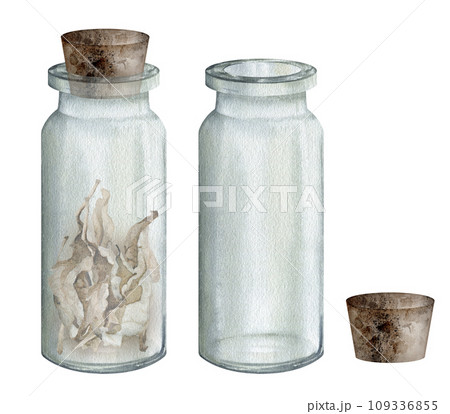 Set of glass jar, vase with wooden stopper, lid. Watercolor hand drawn clipart isolated on white background. set of beakers for biological and medical experiments. handmade illustration. 109336855