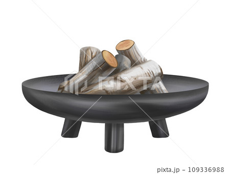 A black metal bowl for making a fire with firewood. Camping equipment for cooking, barbecue outside the city, in nature. Outdoor recreation, family weekends. Isolated illustration A black metal bowl for making a fire with firewood. Camping equipment for cooking, barbecue outside the city, in nature. Outdoor recreation, family weekends. Isolated illustration 109336988