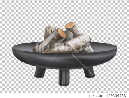 A black metal bowl for making a fire with firewood. Camping equipment for cooking, barbecue outside the city, in nature. Outdoor recreation, family weekends. Isolated illustration A black metal bowl for making a fire with firewood. Camping equipment for cooking, barbecue outside the city, in nature. Outdoor recreation, family weekends. Isolated illustration 109336988