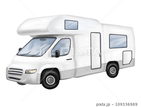 A white motorhome for car travelers. A car for tourist trips, adventures, family vacations and company parties. Comfortable outdoor recreation and camping. Digital isolated illustration A white motorhome for car travelers. A car for tourist trips, adventures, family vacations and company parties. Comfortable outdoor recreation and camping. Digital isolated illustration 109336989