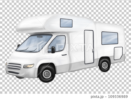 A white motorhome for car travelers. A car for tourist trips, adventures, family vacations and company parties. Comfortable outdoor recreation and camping. Digital isolated illustration A white motorhome for car travelers. A car for tourist trips, adventures, family vacations and company parties. Comfortable outdoor recreation and camping. Digital isolated illustration 109336989