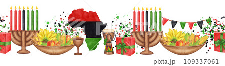 Seamless border for Kwanzaa. African-American holiday. Kinara, seven burning candles, red black green map, cup, drum, gift, harvest. Hand drawn watercolor illustration isolated background. Seamless border for Kwanzaa. African-American holiday. Kinara, seven burning candles, red black green map, cup, drum, gift, harvest. Hand drawn watercolor illustration isolated background. 109337061