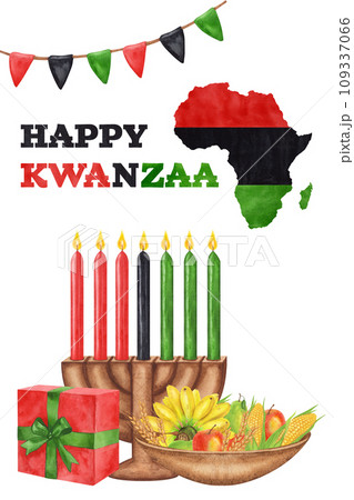Postcard Kwanzaa. African-American holiday. Kinara, seven burning candles, red black green map, cup, drum, gift, harvest. Hand drawn watercolor illustration isolated background. 109337066