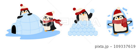 A set of cute Christmas penguins playing with snow and making igloo. A set of cute Christmas penguins playing with snow and making igloo. 109337619