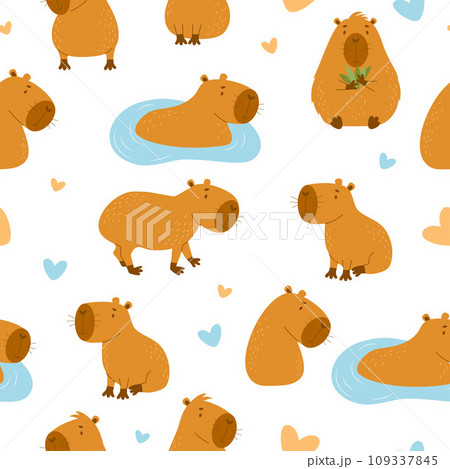 Seamless pattern. Cute capybaras on white background. Vector illustration for design, wallpaper, packaging, textile. kids collection. 109337845