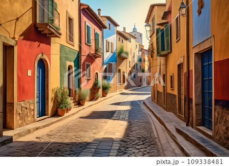A street with colorful buildings. 109338481