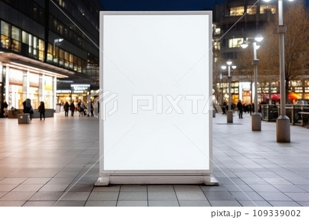 Public shopping center mall advertisement board space as empty blank white mockup. Generative AI Public shopping center mall advertisement board space as empty blank white mockup. Generative AI 109339002