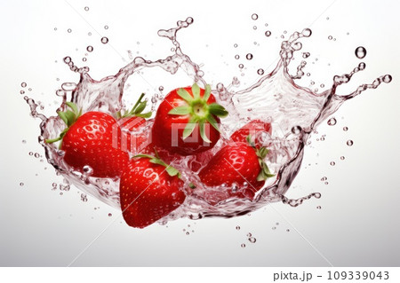 Splash effect of strawberry, high speed photography, on plain white background. Generative AI 109339043