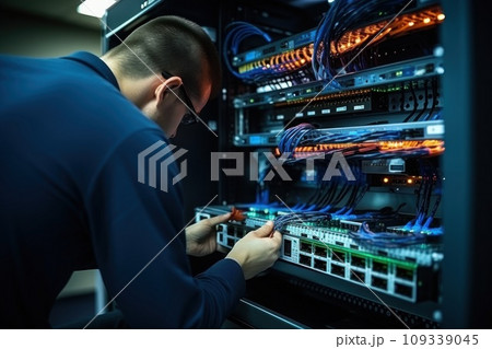 The system administrator configures the wires of the network equipment. Generative AI 109339045