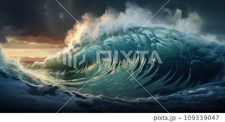 Giant tsunami waves, dark stormy sky. Perfect Storm. Huge waves Tsunami Big waves. Generative AI 109339047