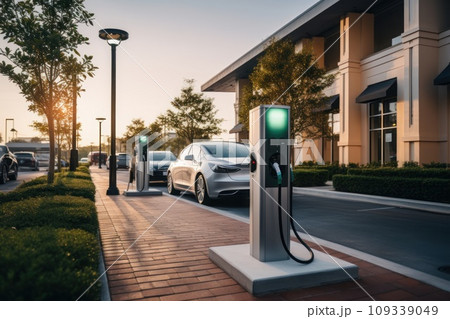 Electric car charging battery at EV charger station. Generative AI. 109339049