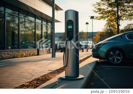 Electric car charging battery at EV charger station. Generative AI. 109339050