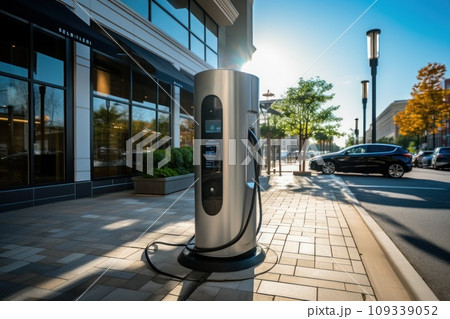 Electric car charging battery at EV charger station. Generative AI. 109339052