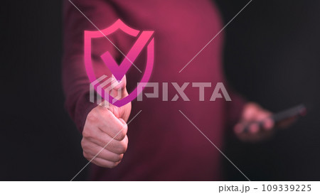 Customer is pressing identity proofing icon for security protection systems on virtual screen. Quality assurance of business services. Certified guarantee approval or secure access system concept.. Customer is pressing identity proofing icon for security protection systems on virtual screen. Quality assurance of business services. Certified guarantee approval or secure access system concept.. 109339225