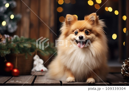 Christmas themed A friendly dog sitting next to a house. Generative AI Christmas themed A friendly dog sitting next to a house. Generative AI 109339304