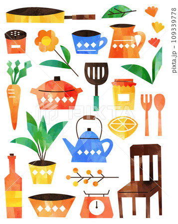 ナチュラルなキッチン雑貨のイラストセット 109339778