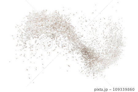 Perlite rock flying explosion, perlite white stone fall down abstract garden decorate. Perlite volcano stone splash throwing in Air. White background Isolated high speed shutter, freeze action 109339860