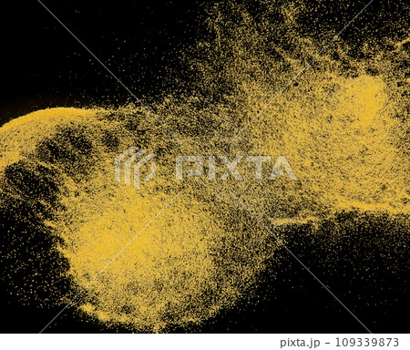 Small size yellow Sand flying explosion, gold cheese sands grain wave explode. Abstract cloud fly. Yellow colored sand splash throwing in Air. black background Isolated high speed shutter, throwing Small size yellow Sand flying explosion, gold cheese sands grain wave explode. Abstract cloud fly. Yellow colored sand splash throwing in Air. black background Isolated high speed shutter, throwing 109339873