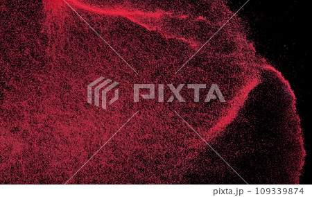 Small size red Sand flying explosion, blood sands grain wave explode. Abstract cloud fly. Red colored sand splash throwing in Air. black background Isolated high speed shutter, throwing freeze stop Small size red Sand flying explosion, blood sands grain wave explode. Abstract cloud fly. Red colored sand splash throwing in Air. black background Isolated high speed shutter, throwing freeze stop 109339874