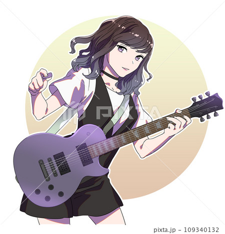 エレキギターを弾く女性　ライブをするバンドマン　 109340132
