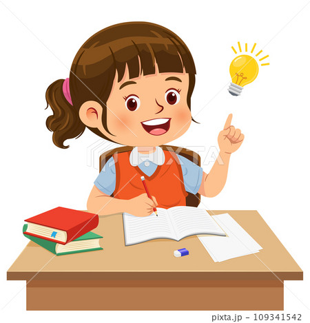Cute little girl sitting at the desk doing his homework and having good idea for answers. Vector illustration Cute little girl sitting at the desk doing his homework and having good idea for answers. Vector illustration 109341542