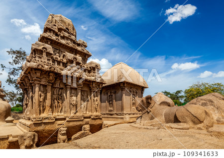 Five Rathas - ancient Hindu monolithic Indian rock-cut architecture. Mahabalipuram, Tamil Nadu, South India Five Rathas - ancient Hindu monolithic Indian rock-cut architecture. Mahabalipuram, Tamil Nadu, South India 109341633