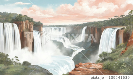 水彩画背景_世界旅行_ブラジル_イグアスの滝_01のイラスト素材
