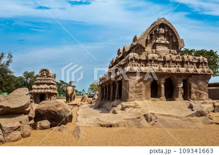 Five Rathas - ancient Hindu monolithic Indian rock-cut architecture. Mahabalipuram, Tamil Nadu, South India 109341663
