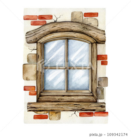 Vintage style wooden window in a brick wall. Watercolor painted illustration. Hand drawn countryside house closed wooden window element. Architecture exterior element isolated on white background Vintage style wooden window in a brick wall. Watercolor painted illustration. Hand drawn countryside house closed wooden window element. Architecture exterior element isolated on white background 109342174