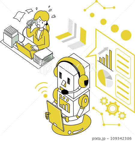 RPA　オフィスにおけるロボットによる業務自動化のビフォーアフターのイメージイラスト 109342386