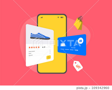 Online shopping store, M-commerce concept. Smartphone with shopping bag, discount tag and bank card payment for optimal online shopping experience. Vector illustration isolated on red background Online shopping store, M-commerce concept. Smartphone with shopping bag, discount tag and bank card payment for optimal online shopping experience. Vector illustration isolated on red background 109342960