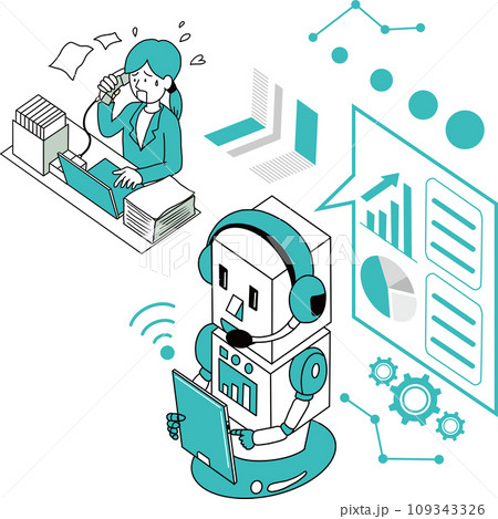 RPA　オフィスにおけるロボットによる業務自動化のビフォーアフターのイメージイラスト 109343326