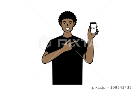 スマホのキャッシュレス・オンライン決済を勧めるアフリカ系男性 109343433