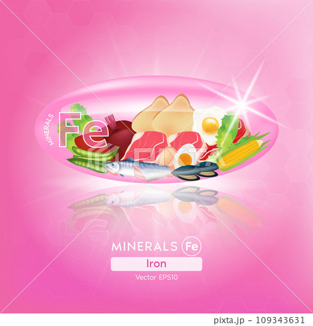 Food rich in minerals vitamins. Iron in pink capsule with vegetables, fruits, seafood and meat healthy foodstuffs. Vector illustration. 109343631