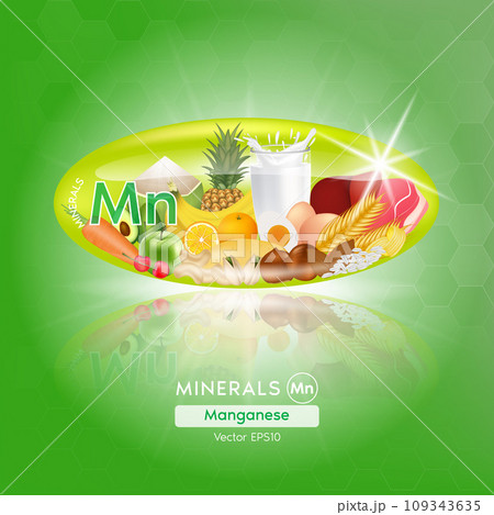 Food rich in minerals vitamins. Manganese in green capsule with vegetables, fruits, seafood and meat healthy foodstuffs. Vector illustration. 109343635
