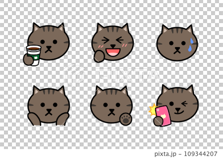 猫の顔　アイコンセット　キジトラ　コーヒー　笑う　焦る 109344207