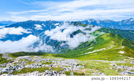 夏の爺ヶ岳登山（爺ヶ岳南峰から蓮華岳・針ノ木岳・立山方面の眺め） 109344217