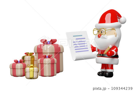 Santa Claus is checking gift boxes with a checklist. merry christmas and happy new year, 3d render illustration 109344239