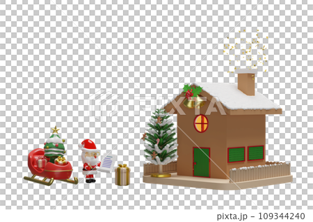 Santa Claus is checking gift boxes with checklist, sleigh, christmas tree, house, fence, jingle bell, gingerbread man, candy cane. merry christmas and happy new year, 3d render illustration Santa Claus is checking gift boxes with checklist, sleigh, christmas tree, house, fence, jingle bell, gingerbread man, candy cane. merry christmas and happy new year, 3d render illustration 109344240