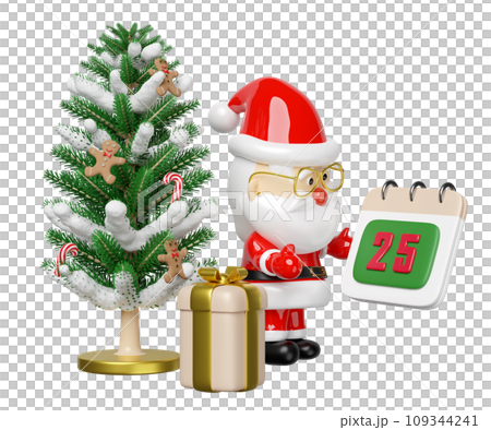 Santa Claus in glasses holds a calendar on December 25th with gift box, christmas tree, gingerbread man, candy cane. merry christmas and happy new year, 3d render illustration Santa Claus in glasses holds a calendar on December 25th with gift box, christmas tree, gingerbread man, candy cane. merry christmas and happy new year, 3d render illustration 109344241
